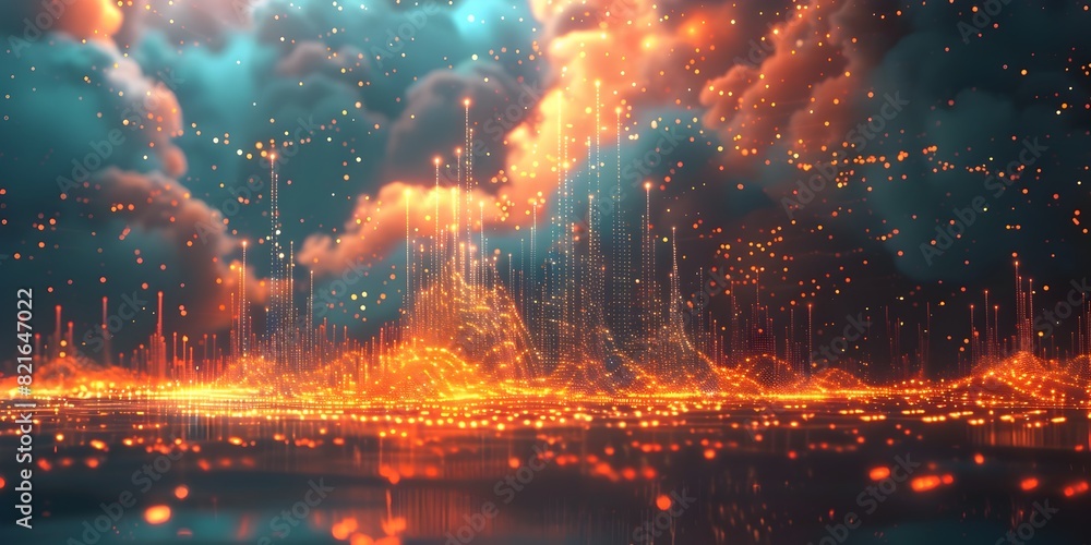 Poster futuristic cityscape of interconnected digital cloud network with vibrant lights and detailed archit