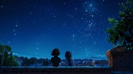 A lesbian couple stargazing on a clear night from a rooftop