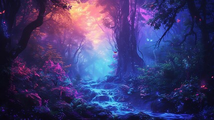 Fototapeta premium Gloomy fantasy forest scene at night with glowing lights