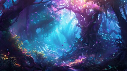 Obraz premium Gloomy fantasy forest scene at night with glowing lights