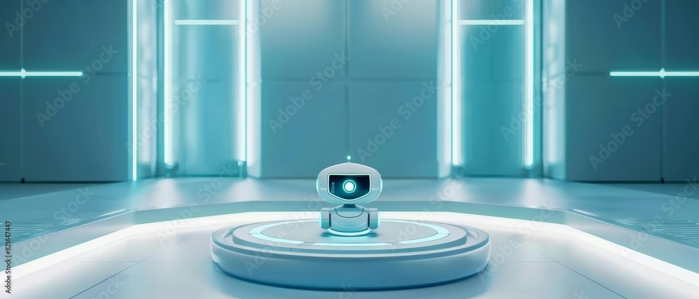 Poster 3d round podium for product showcase of a robot standing proudly in a futuristic factory, banner tem