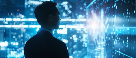 A closeup of a businessman standing in front of an AI robot