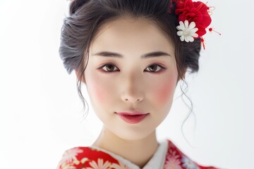 Naklejka premium Elegant Asian Woman in Traditional Kimono with Intricate Floral Patterns Studio Portrait with Serene Expression
