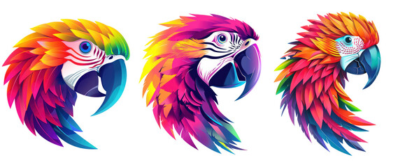 Obraz premium Set of Vibrant Colorful Parrot Art - Tropical Bird Illustration with Splash Paint Effect, Cut Out, Isolated on Transparent Background