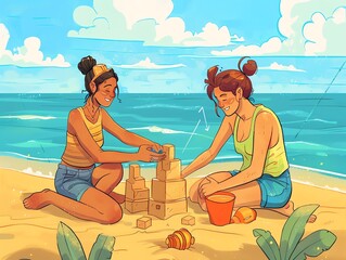 A queer couple enjoying a sunny day at the beach, building sandcastles