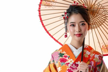 Elegant Asian Woman in Traditional Kimono with Intricate Floral Patterns Studio Portrait with Serene Expression