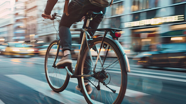 Person using a bicycle for commuting in a busy city, reducing carbon footprint.