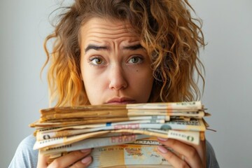 A young woman holds a large stack of money in her hands. She looks at the camera with a puzzled expression on her face.