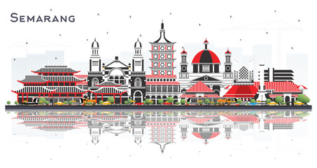 Semarang Indonesia City Skyline with Color Buildings and reflections Isolated on White. Business Travel and Concept with Modern Architecture. Semarang Cityscape with Landmarks.