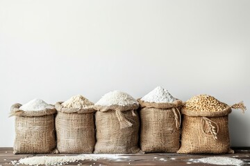 A variety of grains and flours in sacks on a wooden table.