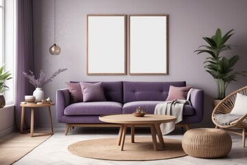 warm space with Violet sofa, wooden side tables, rattan armchair, blank poster frames