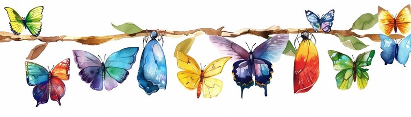 A cute water color of a butterfly pupa, hanging delicately from a branch, surrounded by a kaleidoscope of colorful butterflies, Clipart isolated on white