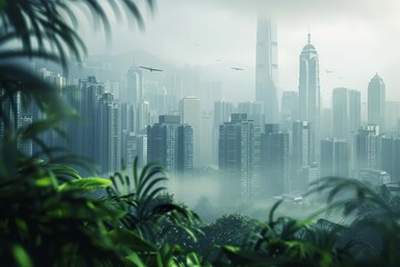A futuristic city engulfed in silver mist with skyscrapers reaching the sky, dominated by nature reclaiming its territory with blurry background, scifi photo, sharpen banner