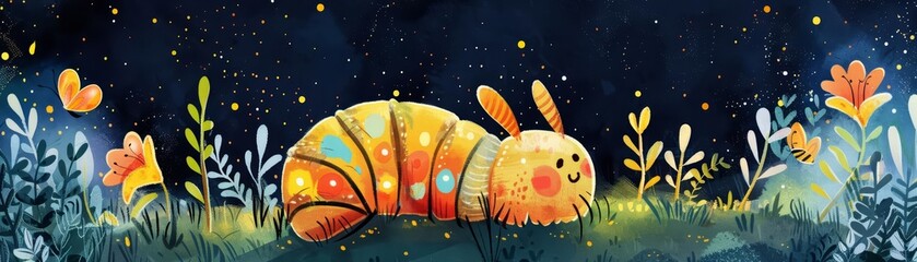 A kawaii water color of a moth pupa, nestled in a cozy cocoon, in a moonlit meadow with twinkling fireflies, Clipart isolated on white