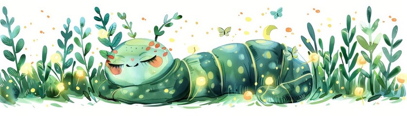 A kawaii water color of a moth pupa, nestled in a cozy cocoon, in a moonlit meadow with twinkling fireflies, Clipart isolated on white