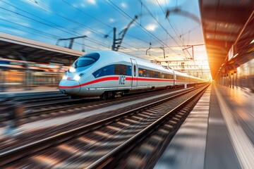 Fototapeta premium High-speed train on railway, modern high speed commuter train, AI generated