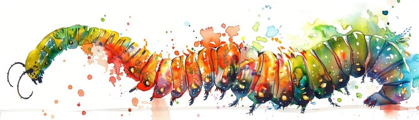A water color of a caterpillar, transforming into a chrysalis, in an enchanted garden with sparkling dew drops, Clipart isolated on white