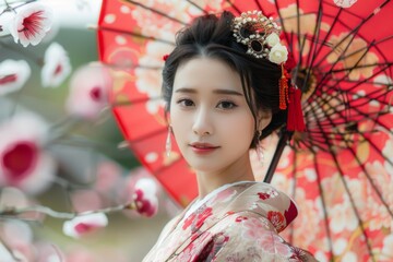 Elegant Asian Woman in Traditional Kimono with Intricate Floral Patterns Studio Portrait with Serene Expression