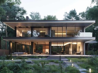 Fototapeta premium Contemporary home exterior, minimalist style, glass facade, woodland setting, 3D render, serene atmosphere