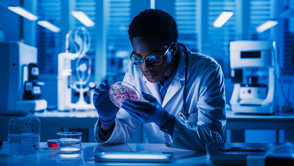 Black woman scientist working in a laboratory modern futuristic environment medical science