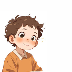 The character design of a cute and cute little child is glancing to the side while smiling