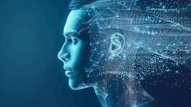 The side profile of a digital human head made of circuitry, against a dark background with binary code, representing AI and machine learning