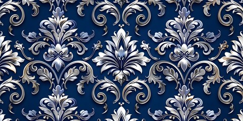 Fototapeta premium Elegant Royal Blue and Silver Damask Seamless Pattern for Luxury Background or Wallpaper Design
