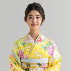 Elegant Asian Woman in Traditional Kimono with Intricate Floral Patterns Studio Portrait with Serene Expression