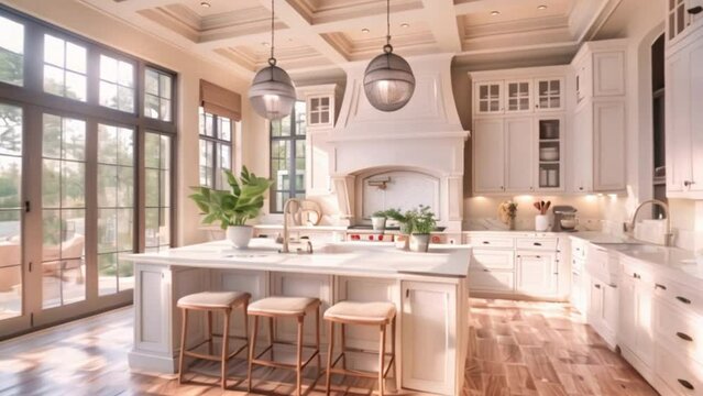 A blend of sophistication and comfort defines this luxury kitchen, with its white interior, wooden floor, and a central kitchen island designed for both aesthetics and practicality.
