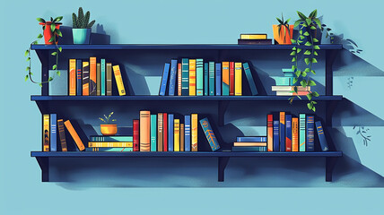 Vector illustration of shelves of colorful books in a library against a blue background.