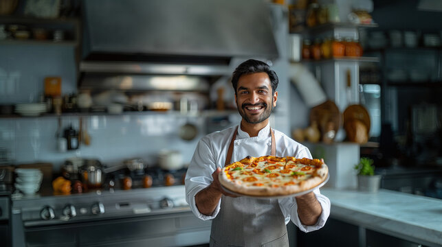 Young indian male chef showing pizza