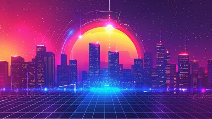 Creative business of an ondemand service applying cause marketing, illustrated in synth wave styles with a futuristic urban background and copy space