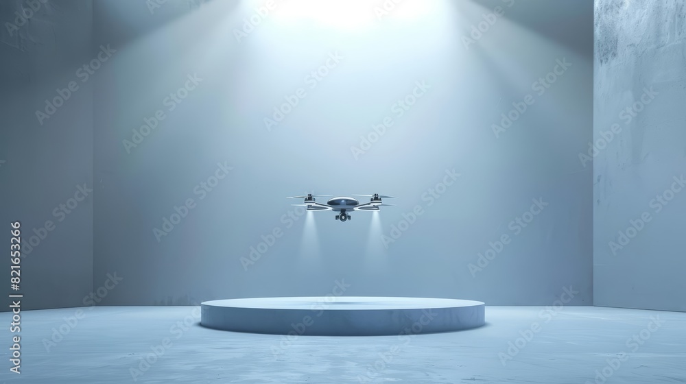 Aufkleber empty studio with podium of a futuristic drone hovering gracefully, in a minimal style banner with s