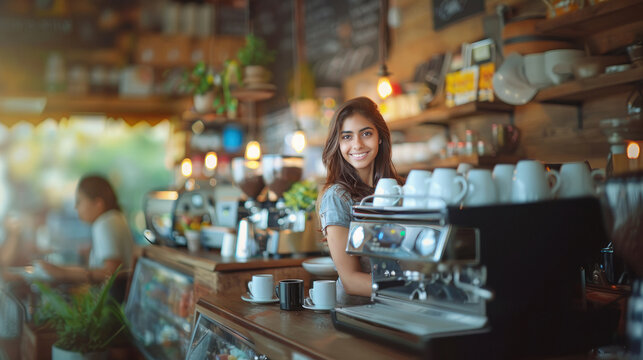 woman preparing a coffee in the machine - Powered by Adobe