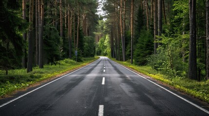 Empty country road winding through a pine forest
