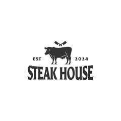 Vintage retro logo of steak house with cow and knife