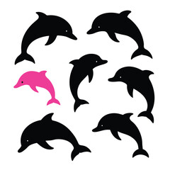 Set of Black Amazon River Dolphin (Pink Dolphin) Silhouette Vector on a white background