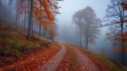 Obraz premium Foggy autumn forest road with colorful leaves pathway road