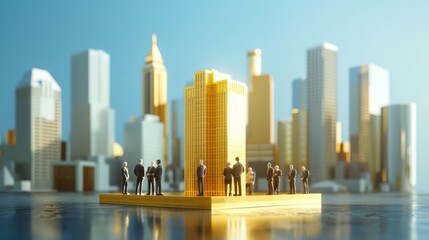Miniature people in business attire gather around a luxurious gold figure of a building
