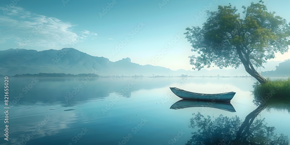 Sticker Tranquil Solitude A Boat s Reflection on a Serene Lake Amid Mountainous Landscapes