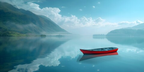 Peaceful Solitude A Tranquil Boat Adrift on a Reflective Lake Amid Mountainous Scenery