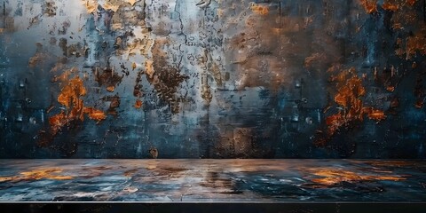 Naklejka premium Weathered Industrial Metal Table in Moody Loft Apartment Background with Copy Space for Product Display