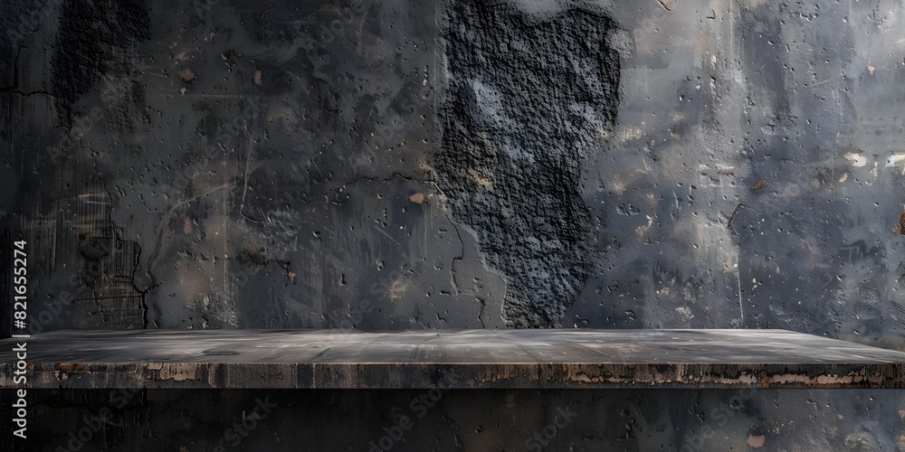 Poster concrete table with raw edges in an industrial setting for and edgy product display concept with cop