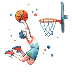 Basketball player makes a slam dunk. Watercolor sketch on white background.