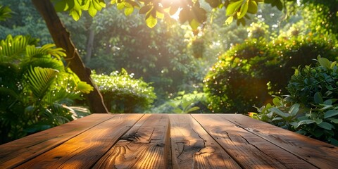Peaceful Wooden Table in Lush Garden Setting for Product Display