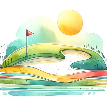 The watercolor painting shows a golf course with a green, a sand trap, and a flag. The sun is shining, and the sky is blue.