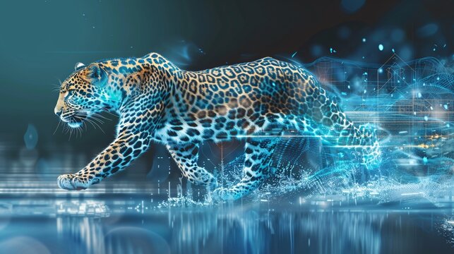 The side profile of a leopard running pose made of circuitry, against a dark background with binary code, representing speed, pace , AI and machine learning