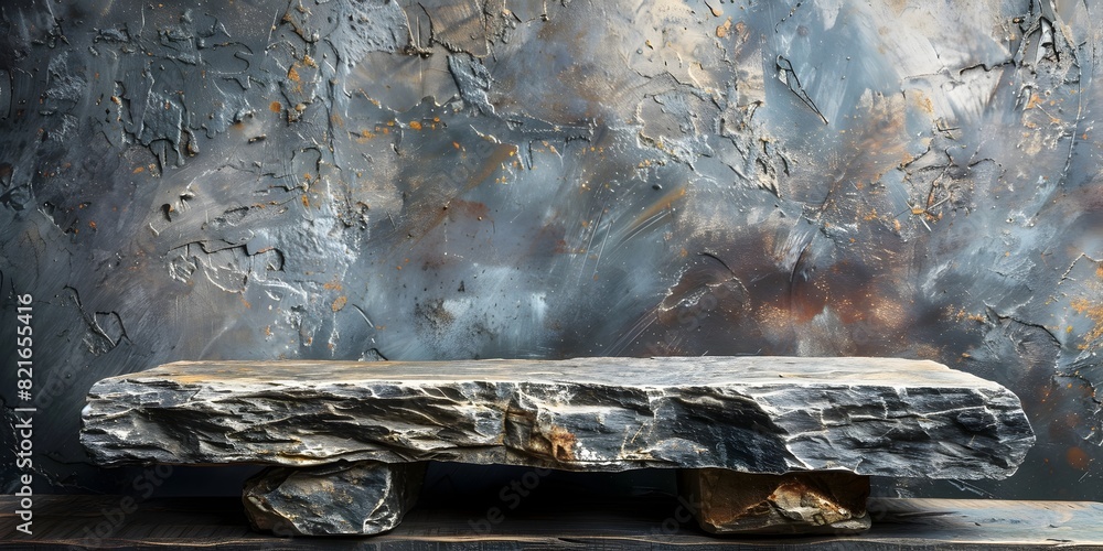 Poster rustic stone table in serene countryside setting for product display and presentation