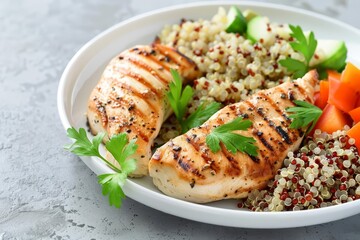 Proper nutrition banner of a wellbalanced meal, including grilled chicken, quinoa, and steamed vegetables, set against a clean, minimalistic backdrop