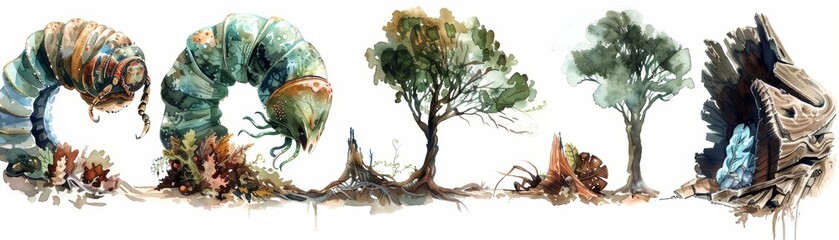 Fototapeta premium Set of water color of a plump grub, burrowing into decaying wood, in an ancient, mystical forest with towering trees, Clipart isolated on white